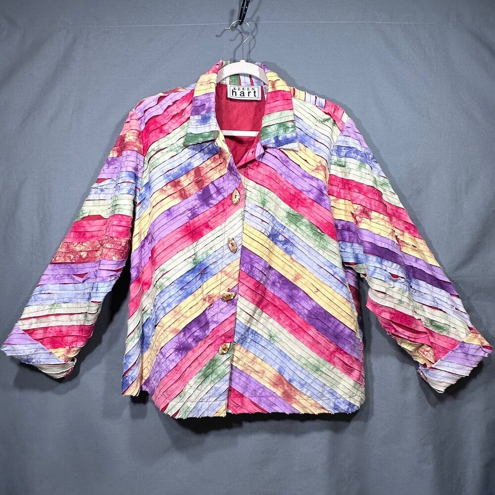 Vintage Keren Hart 1990s Blouse L 100% Cotton Colorful Striped Art Wear